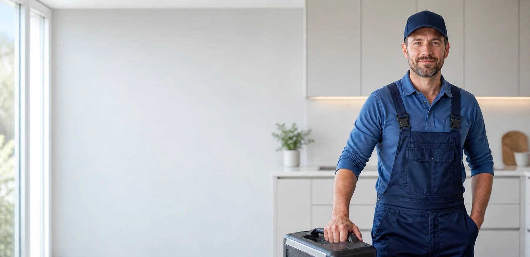 Monteur von Haustechnik Service Wolf mit Werkzeugkoffer in einer Küche
